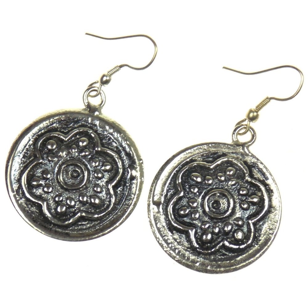 Anju Silver Round Earrings Flower Design Handcrafted Hang Dangle Antiqued Gift